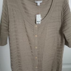 NWT New York & Co. L Tan Women's Cardigan Button Front Knitted 3/4Slv Metalic